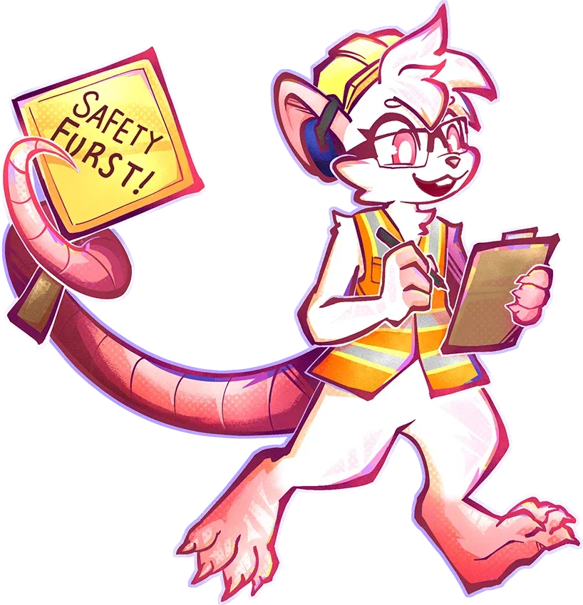 Libby, a white rat in a hard hat, safety vest and headset, taking notes on a clipboard, with a Safety Furst! sign held in their tail