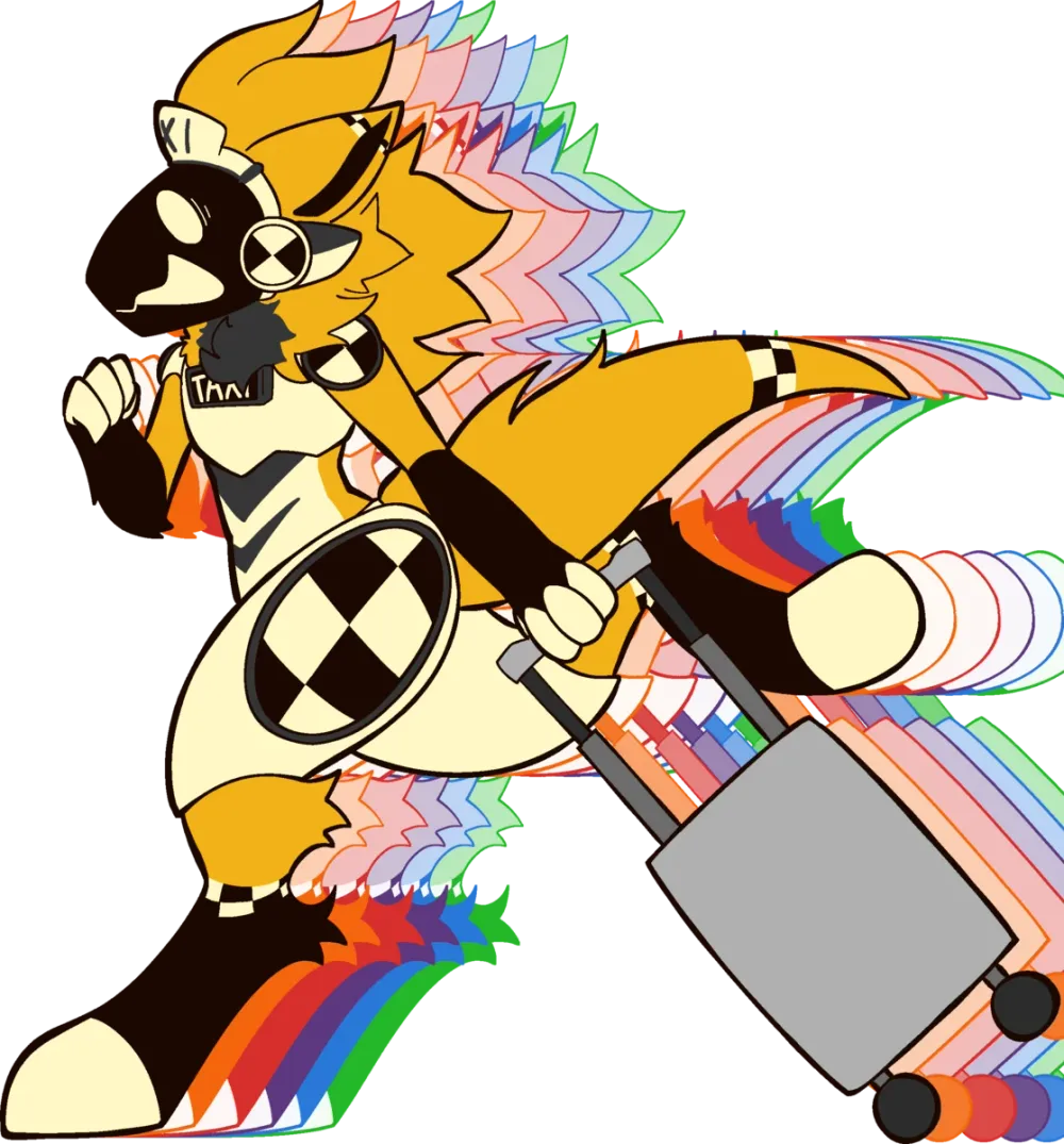 A taxi-themed furry in checkered yellow and black dashing along with a rolling suitcase, leaving a rainbow trail behind them