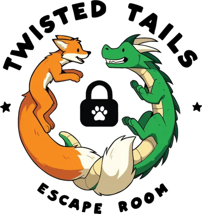 Twisted Tails Escape Room logo: a fox and a dragon with their tails wrapped around a padlock with a paw print